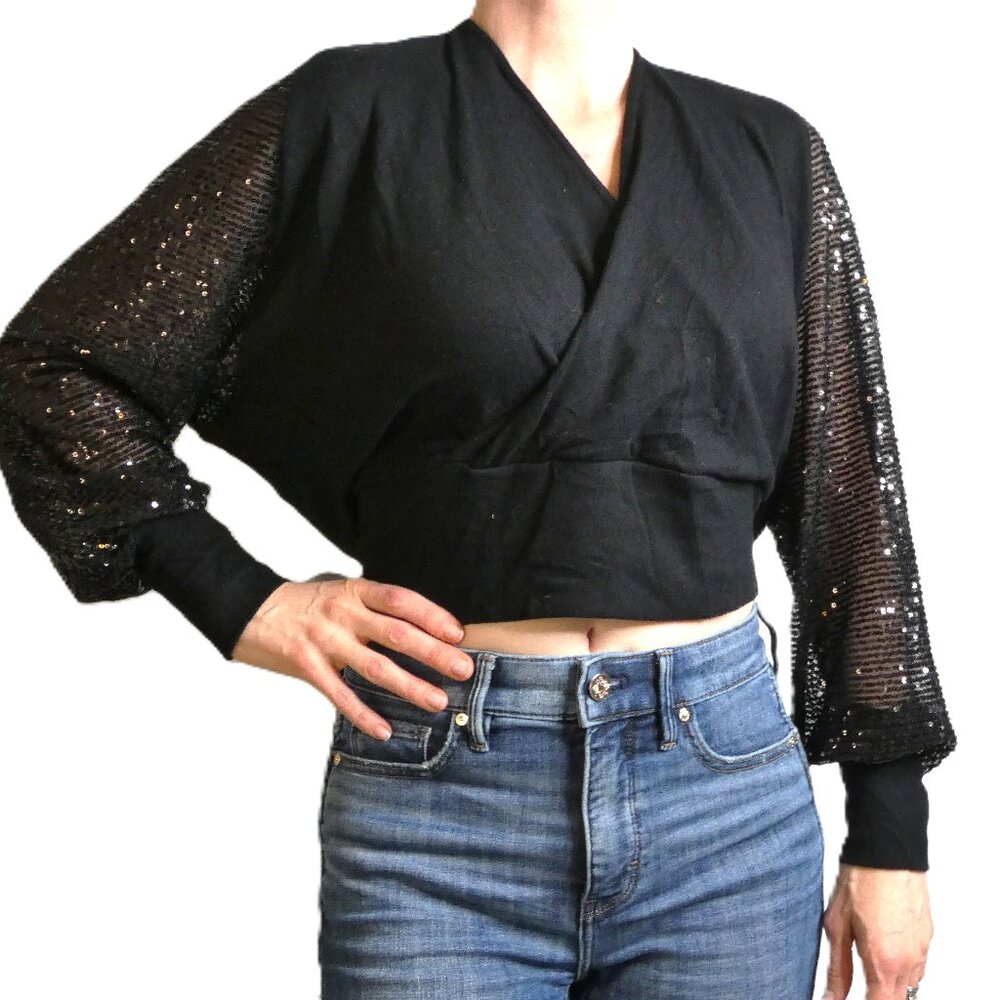 Lipsy London Black Batwing Top Size 6 Stretch Sequins Sweater Bare Back NWT